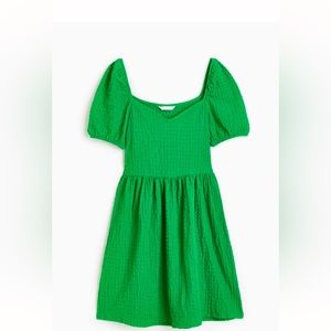H&M Puff-Sleeved Textured Jersey Dress- Green